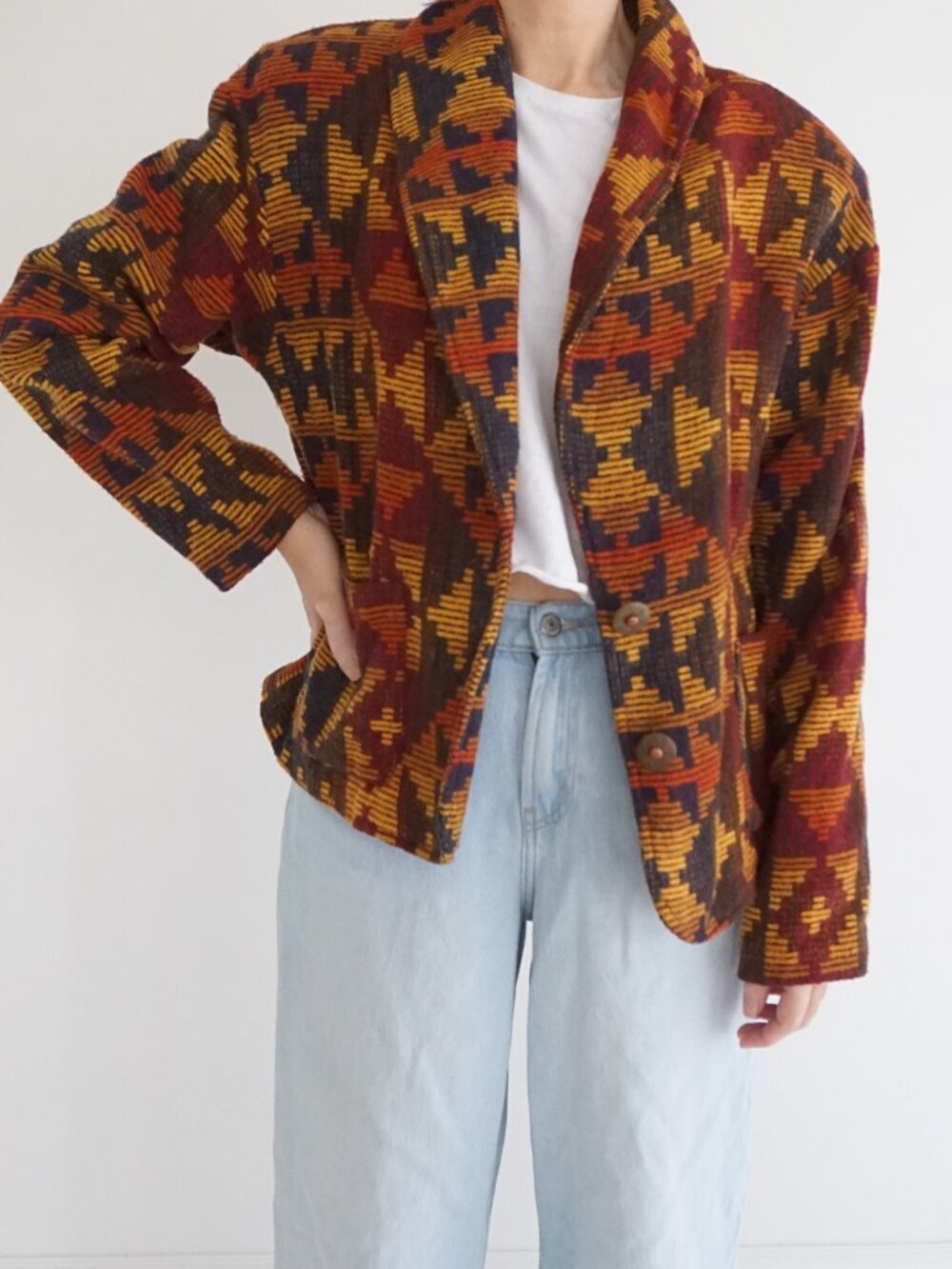 Vintage IVY Rust Geometric Southwest Tapestry Open Patchwork Jacket Tribal L